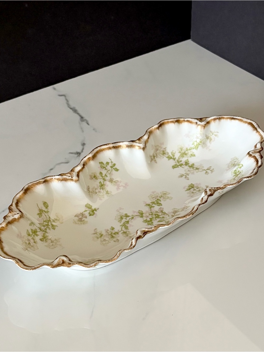 12" Relish Tray Serving Dish - Green Floral with Gold - Haviland Limoges